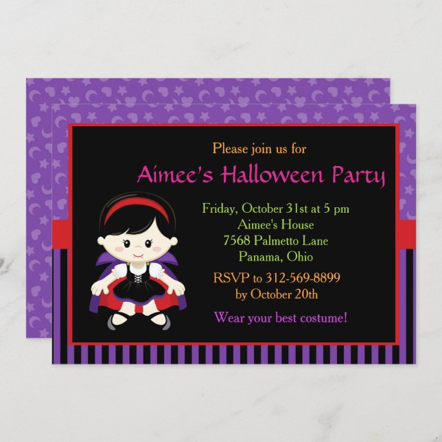 Cute Vampire Girl Halloween Party Invitation (Front/Back)