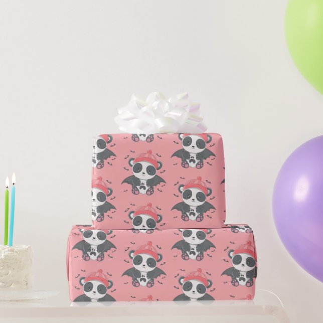 Cute Vampire Panda Bats Ghost Pink Halloween Wrapping Paper (Party Gifts)