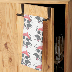 Cute Vampire Panda Bats Ghost White Halloween Tea Towel