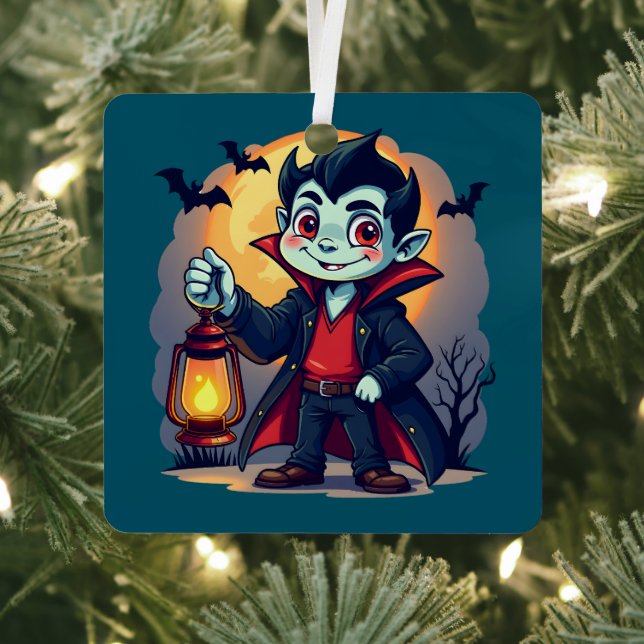 Cute Vampire with Lantern Kawaii Halloween Metal Tree Decoration (Insitu)