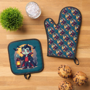 Cute Vampire with Lantern Kawaii Halloween Oven Mitt & Pot Holder Set
