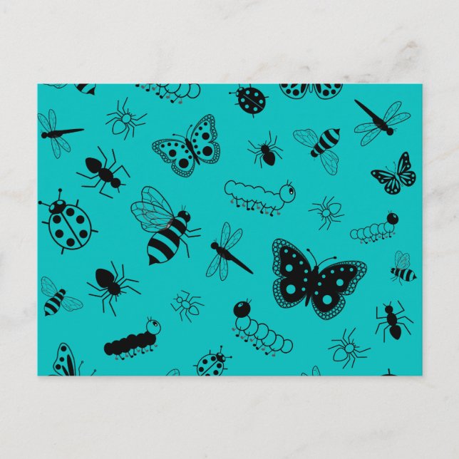 Cute Vector Bugs & Butterflies (Teal Background) Postcard (Front)