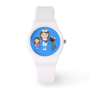 Cute Vector Cartoon Brown Hair Nurse and Children Watch