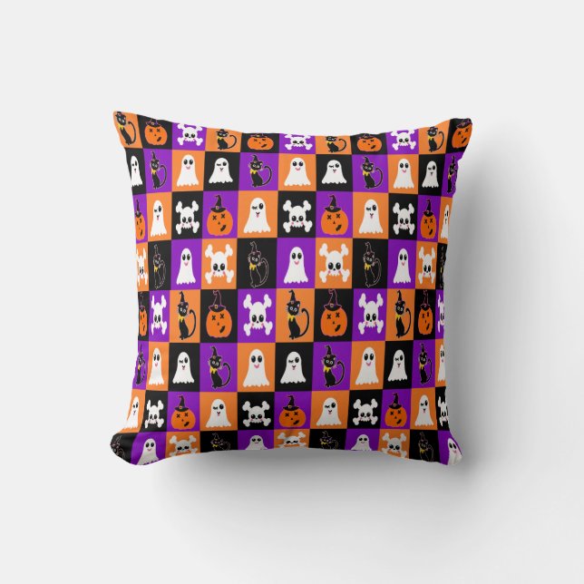 Cute Vector Halloween Ghosts Pumpkins Cats Skulls  Cushion (Front)
