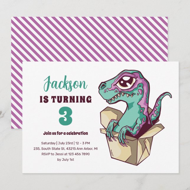 Cute Velociraptor In Box Kids Dinosaur Birthday Invitation (Front/Back)