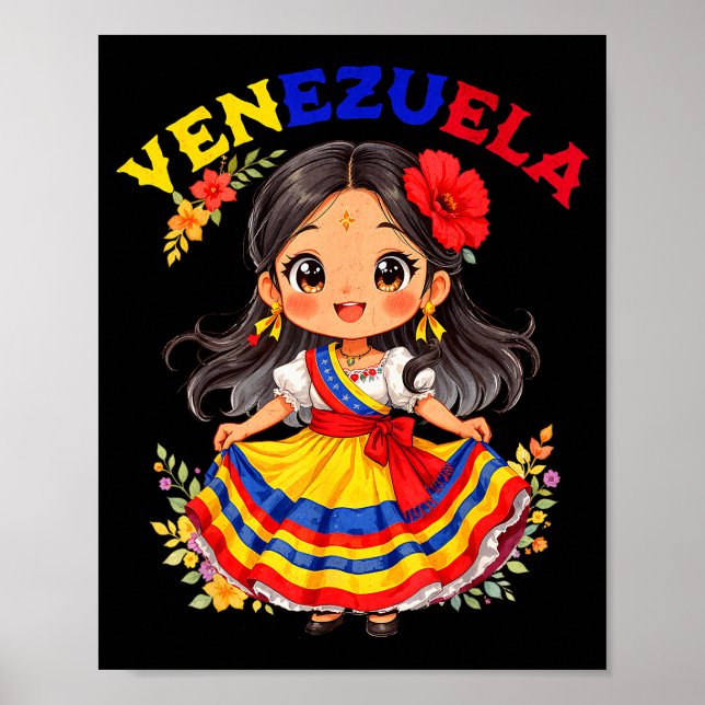 Cute Venezuela Girl Traditional Dress Colorful Art Poster (Front)