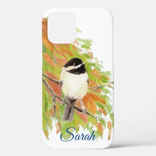 Cute Very Curious Chickadee Autumn Leaves Bird Case-Mate iPhone Case (Back)