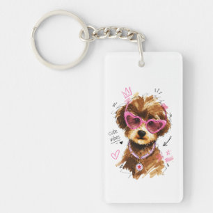 Cute Vibes Poodle Puppy with Heart Sunglasses Key Ring