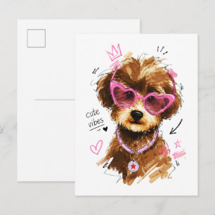 Cute Vibes Poodle Puppy with Heart Sunglasses Postcard