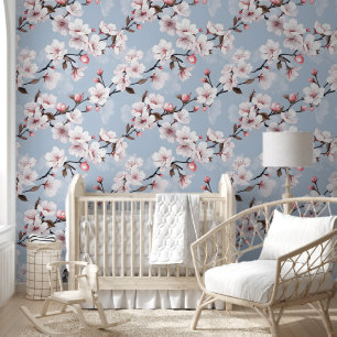 Cute Vibrant Blue Pink Cherry Blossom Chic Floral Wallpaper