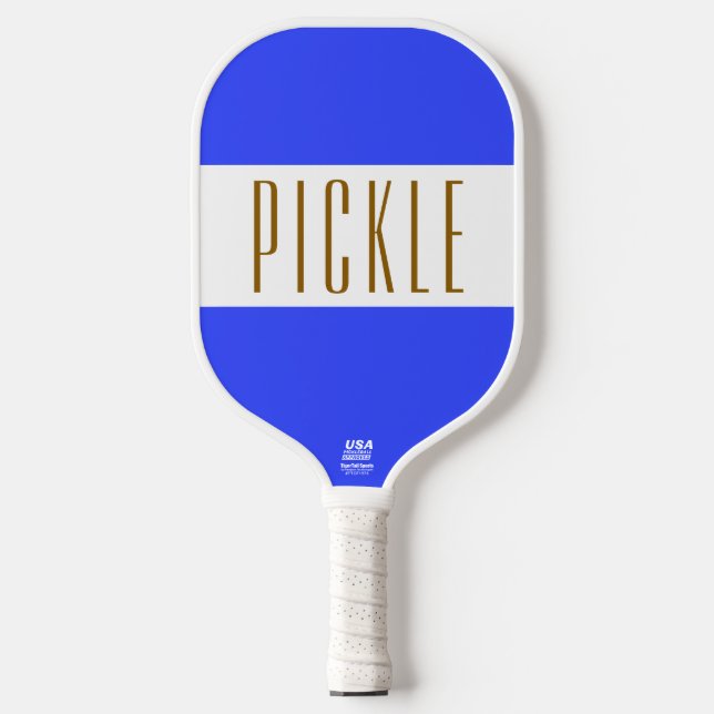 Cute Vibrant Bright Blue White PICKLE Stripes Text Pickleball Paddle (Front)