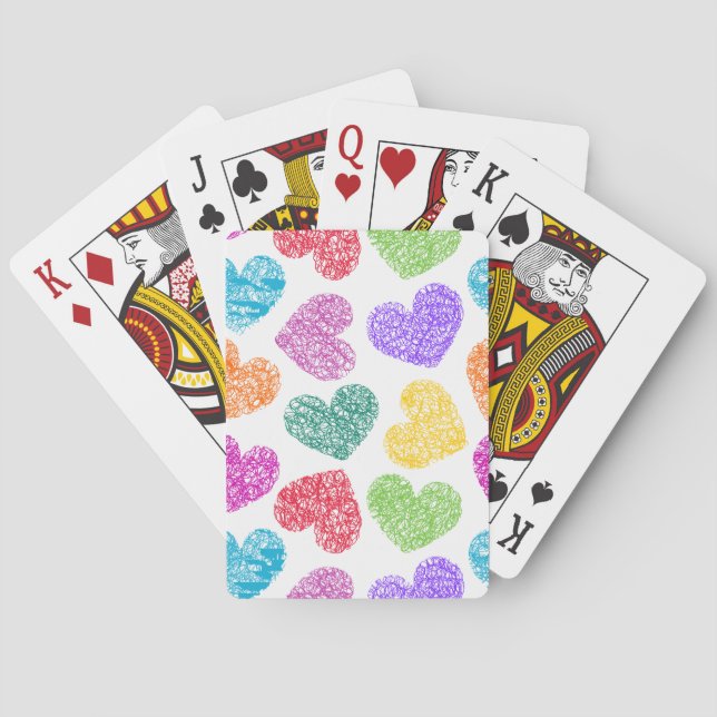 Cute Vibrant Doodled Heart Valentine's Day Pattern Playing Cards (Back)