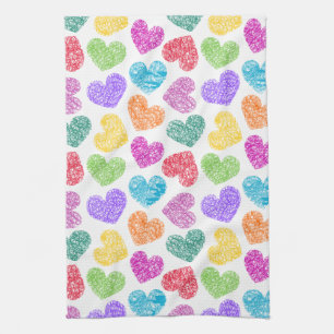 Cute Vibrant Doodled Heart Valentine's Day Pattern Tea Towel