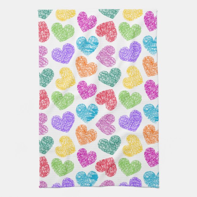 Cute Vibrant Doodled Heart Valentine's Day Pattern Tea Towel (Vertical)