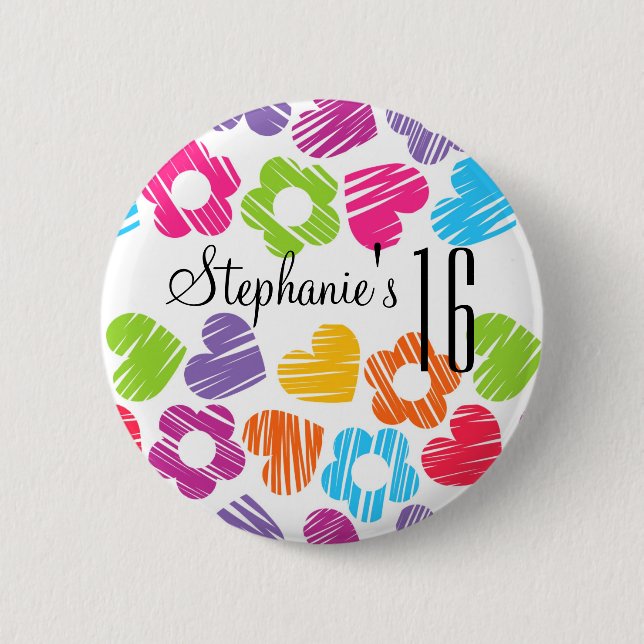 Cute vibrant flowers hearts Sweet Sixteen Button (Front)