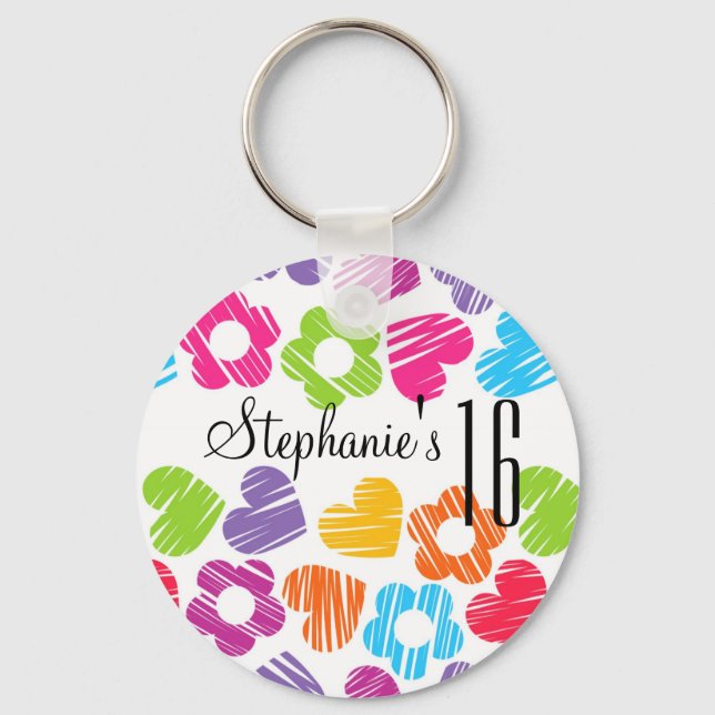 Cute vibrant flowers hearts Sweet Sixteen Keychain (Front)