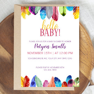 Cute Vibrant Hello Baby! Feathers Baby Shower Invitation