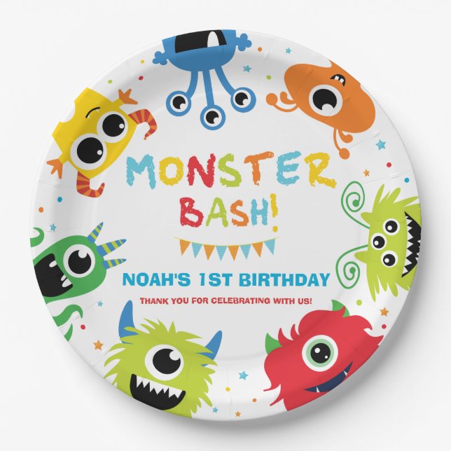 Cute Vibrant Little Monsters 1st Birthday Party Paper Plate (Front)