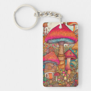 Cute Vibrant Mushroom Hut Illustration Key Ring