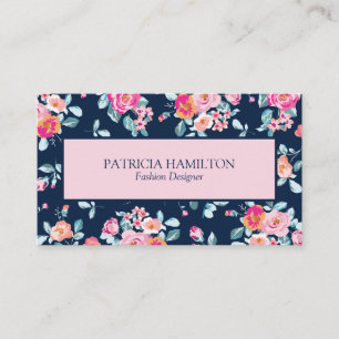 Cute Vibrant Pink Floral Pattern On Navy Blue Business Card