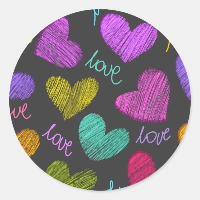 Cute Vibrant Scribbled Hearts with Love Script Classic Round Sticker (Front)