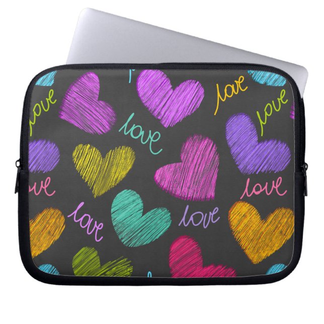 Cute Vibrant Scribbled Hearts with Love Script Laptop Sleeve (Front)
