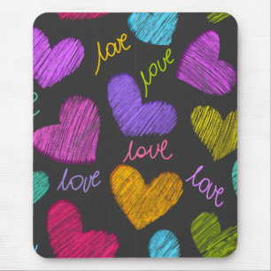 Cute Vibrant Scribbled Hearts with Love Script Mouse Mat