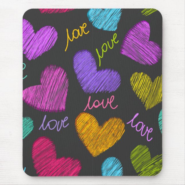 Cute Vibrant Scribbled Hearts with Love Script Mouse Mat (Front)