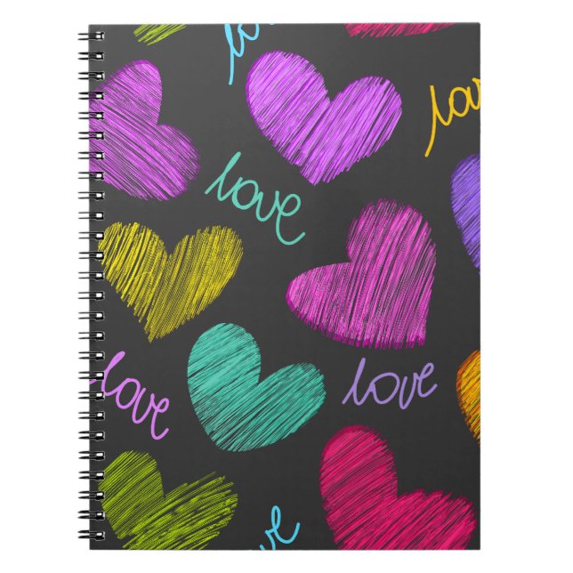 Cute Vibrant Scribbled Hearts with Love Script Notebook (Front)