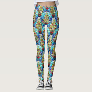 Cute Vibrant Stained Glass Christmas Tree Pattern Leggings