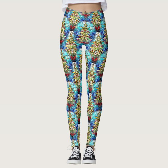 Cute Vibrant Stained Glass Christmas Tree Pattern Leggings (Front)