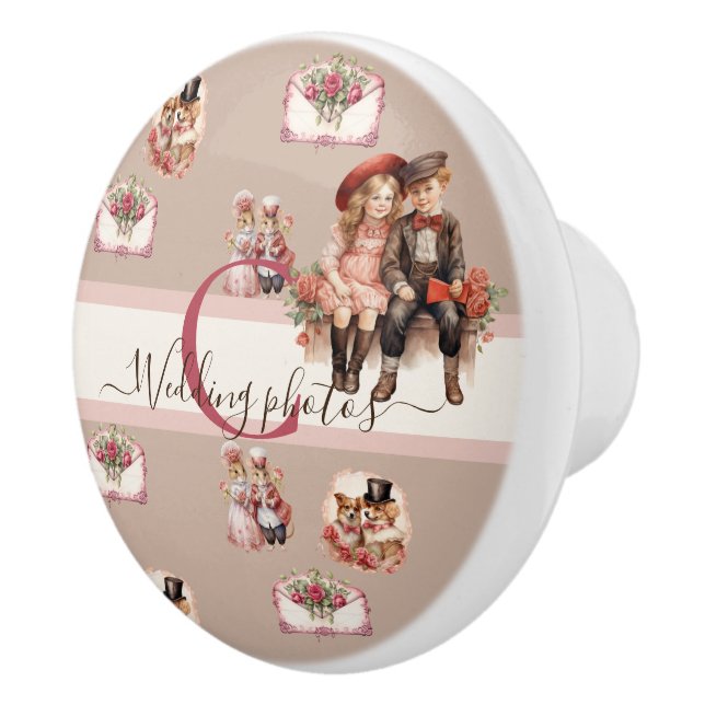 Cute Victorian animals artsy Valentine Monogram Ceramic Knob (Right)