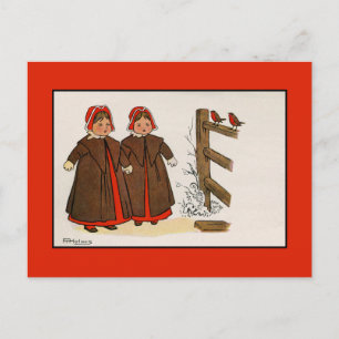 Cute Victorian children, robins, snow, winter Postcard