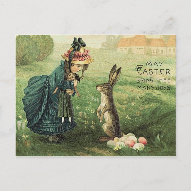 Cute Victorian Girl Doll Easter Bunny Holiday Postcard (Front)