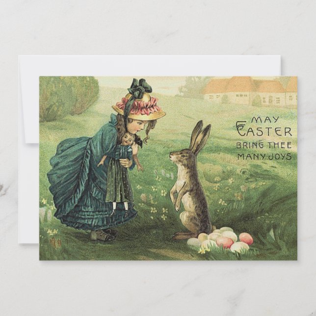 Cute Victorian Girl Doll Easter Bunny Invitation (Front)
