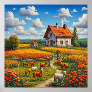 Cute village and cows poster