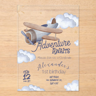 Cute Vintage Airplane First Birthday Adventure Awa Acrylic Invitations