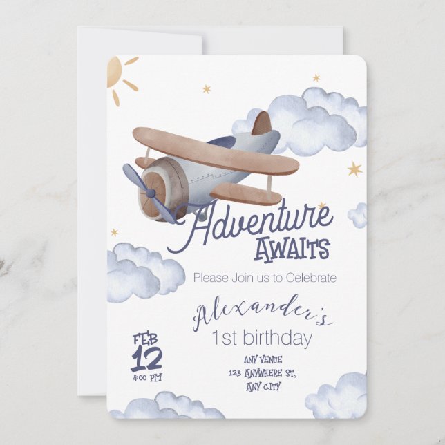 Cute Vintage Airplane First Birthday Adventure Awa Invitation (Front)