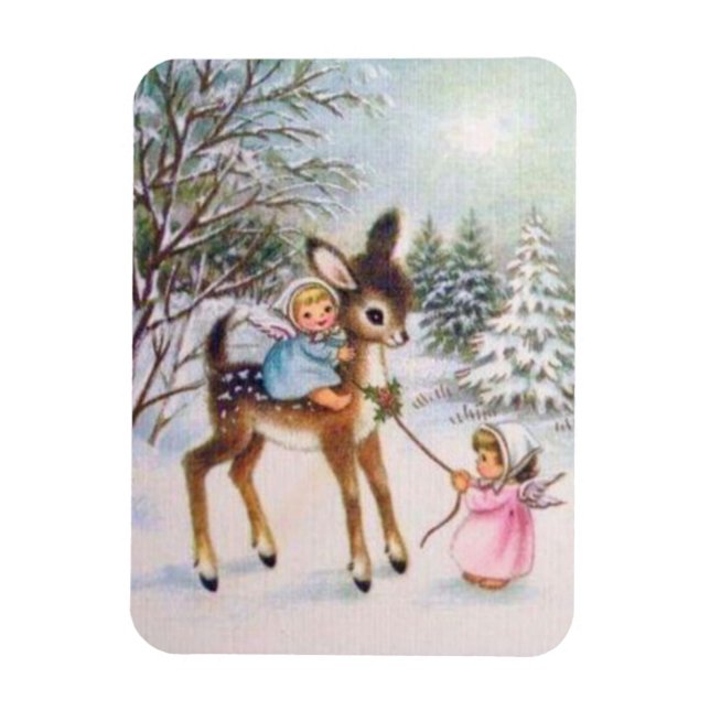 Cute Vintage Angels With Christmas Baby Deer Magnet (Vertical)