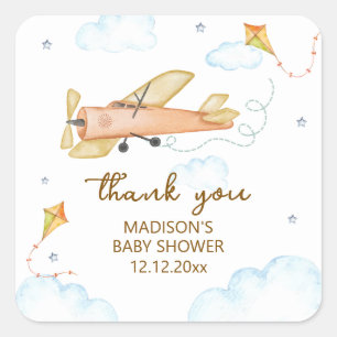 Cute Vintage Aviator Airplane Baby Shower Square Sticker