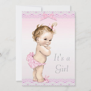 Cute Vintage Baby Girl Shower Faux Lace, Bows Invitation