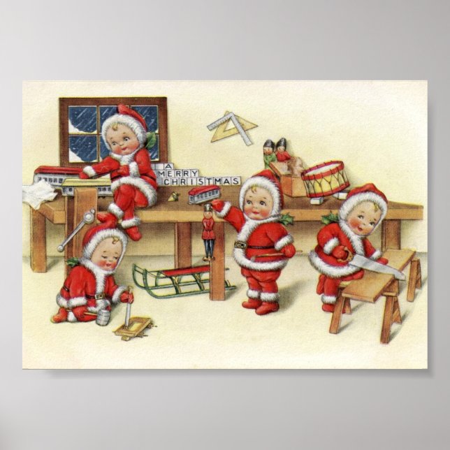 Cute Vintage Baby Santa Illustration Poster (Front)