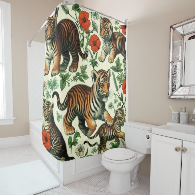 Cute Vintage Baby Tiger Seamless Shower Curtain (In Situ)