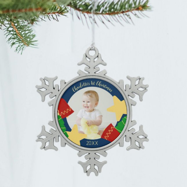 Cute vintage Baby's First Christmas photo keepsake Snowflake Pewter Christmas Ornament (Snowflake ornament with your photo for baby's first Christmas)