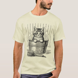 Cute Vintage Bathing Kitten – Hand T-Shirt