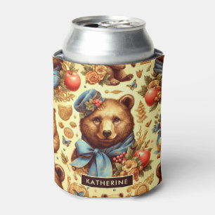 Cute Vintage Bear Watercolor Can Cooler