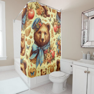 Cute Vintage Bear Watercolor Shower Curtain
