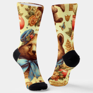Cute Vintage Bear Watercolor Socks