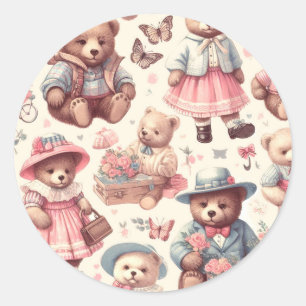 Cute Vintage Bears Seamless Classic Round Sticker