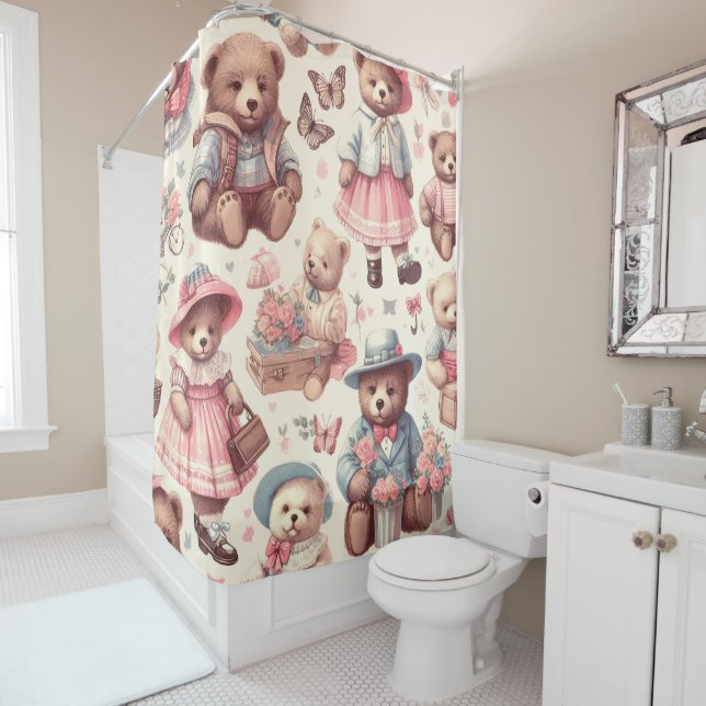 Cute Vintage Bears Seamless Shower Curtain (In Situ)